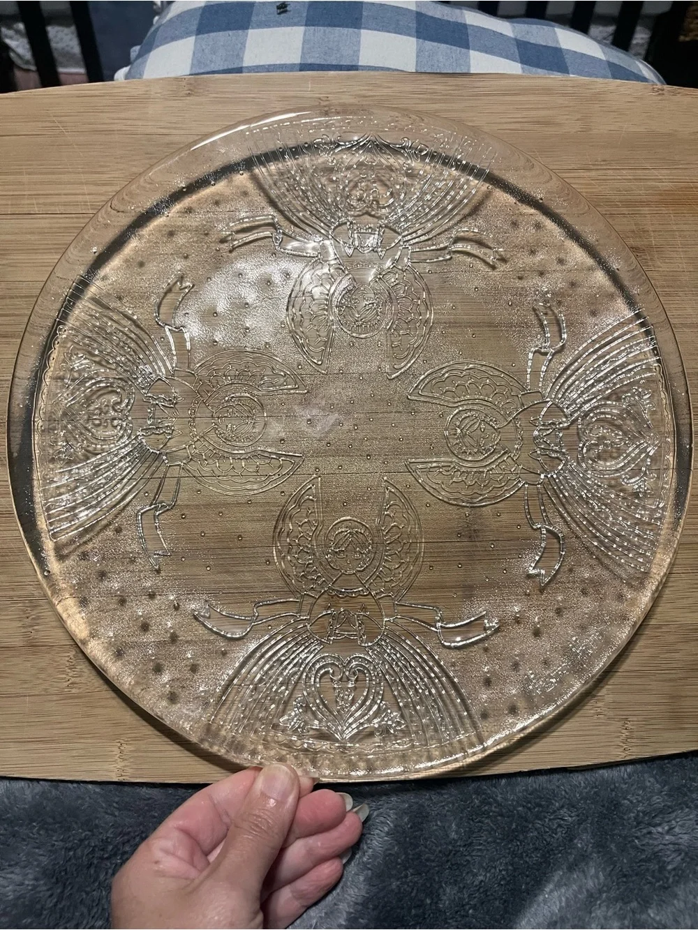 Neiman Marcus Luxury Glass Decorative Plate with Intricate Angel Etched Motifs